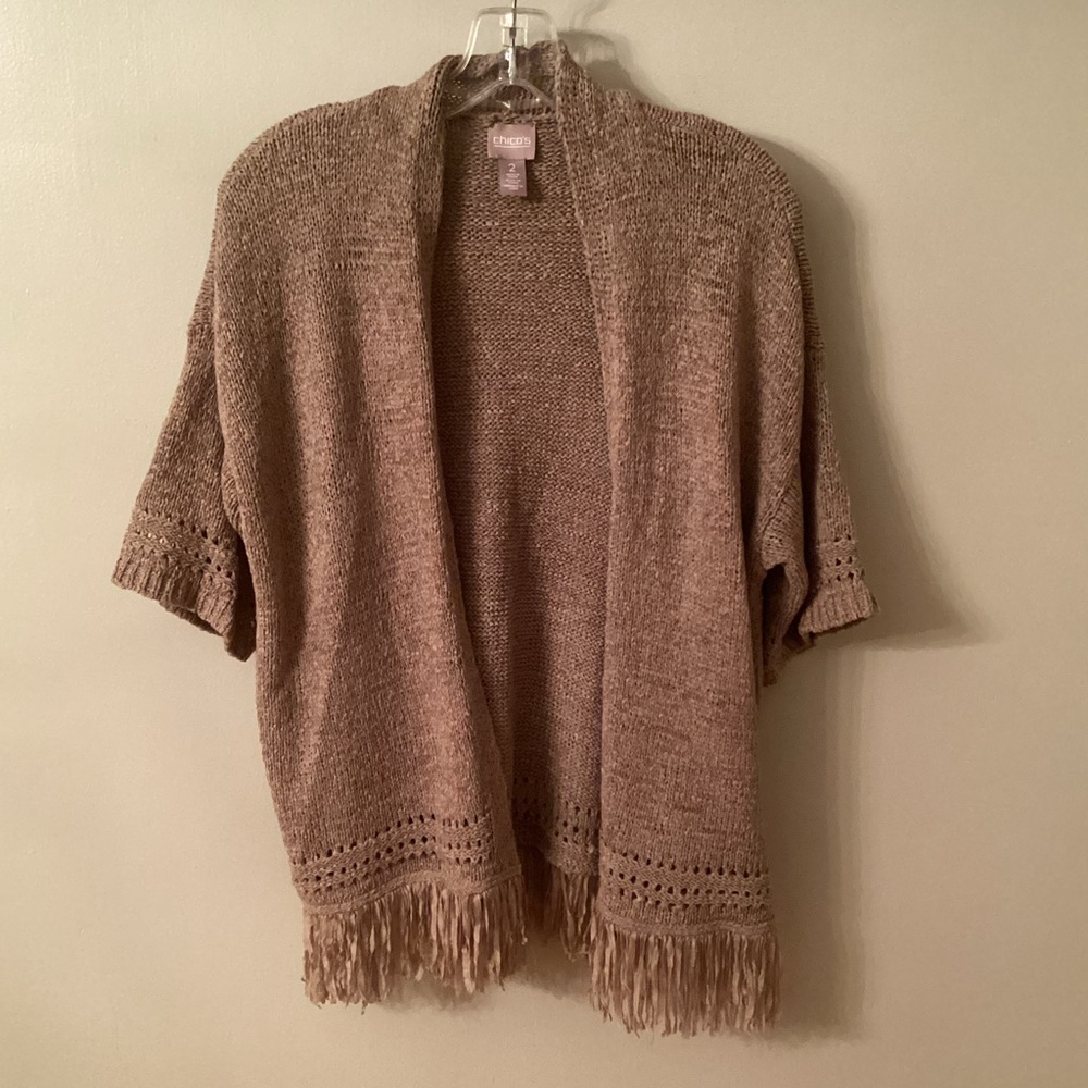 CHICOS SIZE 2 LARGE US 12 TAN BROWN FRINGED CARDIGAN SWEATER